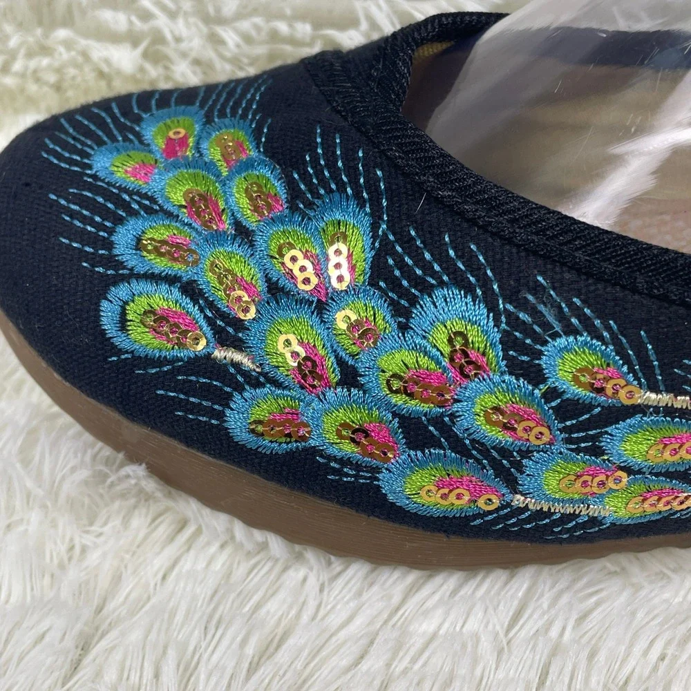 Unbranded Peacock Embroidered Wedges Womens 8.5 Black Good Canvas Boho Strappy